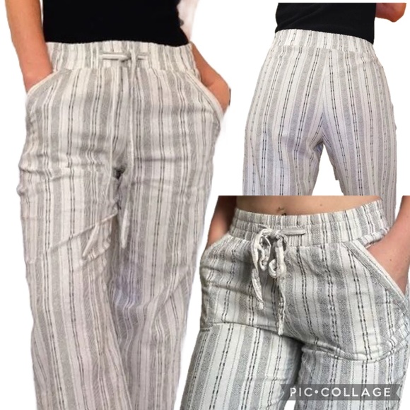 Sienna Sky Linen Blend High Rise Wide Leg Ivory Black Stripe Drawstring Pants  S - Picture 1 of 15